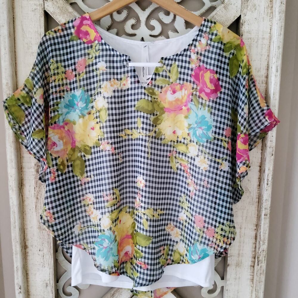NY Collection Floral Gingham Cape Blouse Small Flowy Layered Boho Top